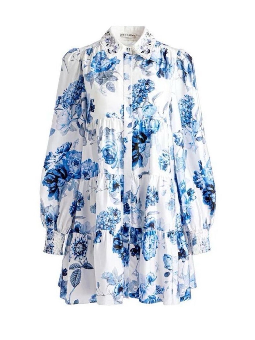 Alice + Olivia Women’s Blue and White Floral Tiered Junia Dress